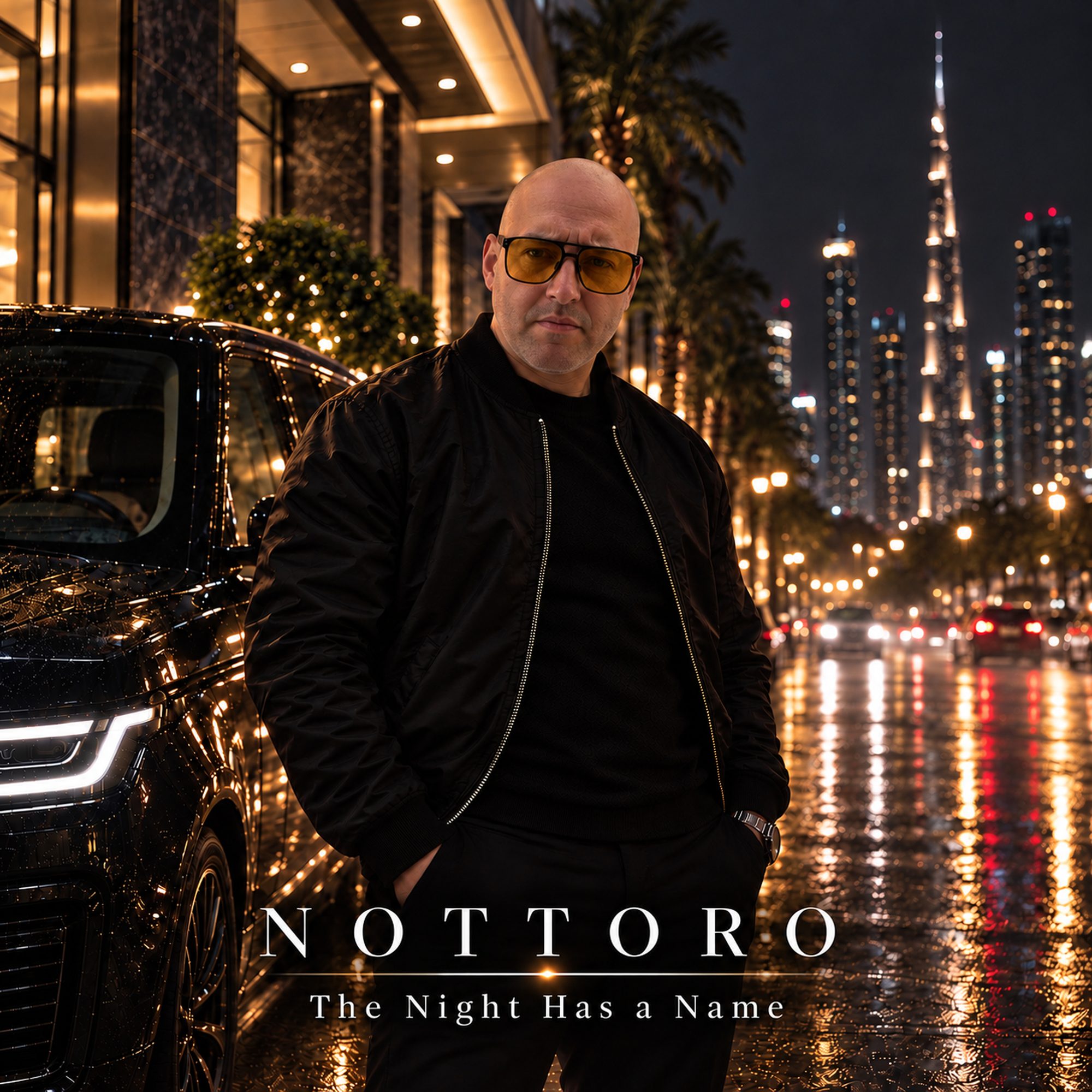 The Night Has a Name official single cover with NOTTORO over a gold-lit Dubai skyline