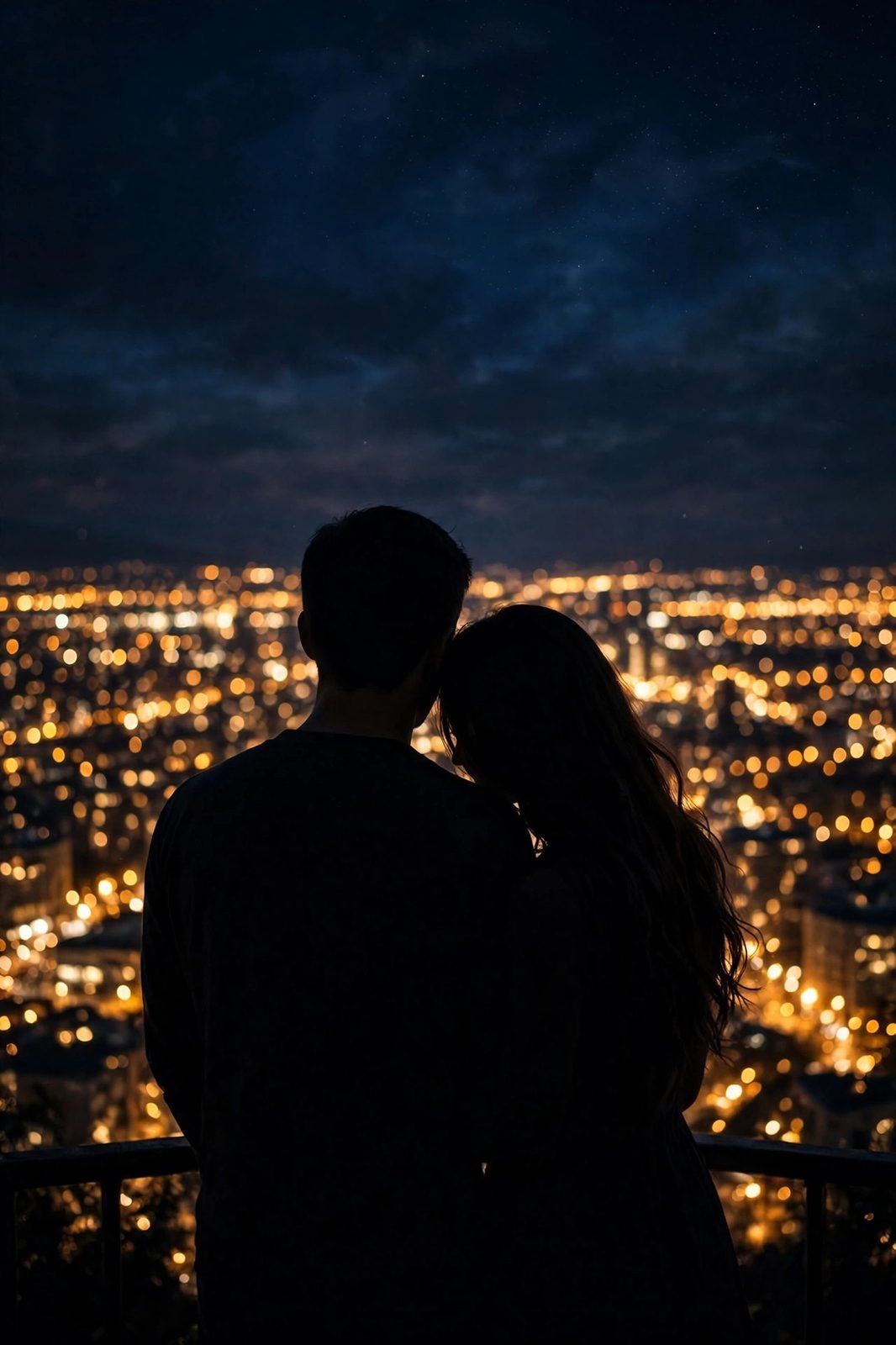 A couple seen from behind in silhouette overlooking warm city lights at night