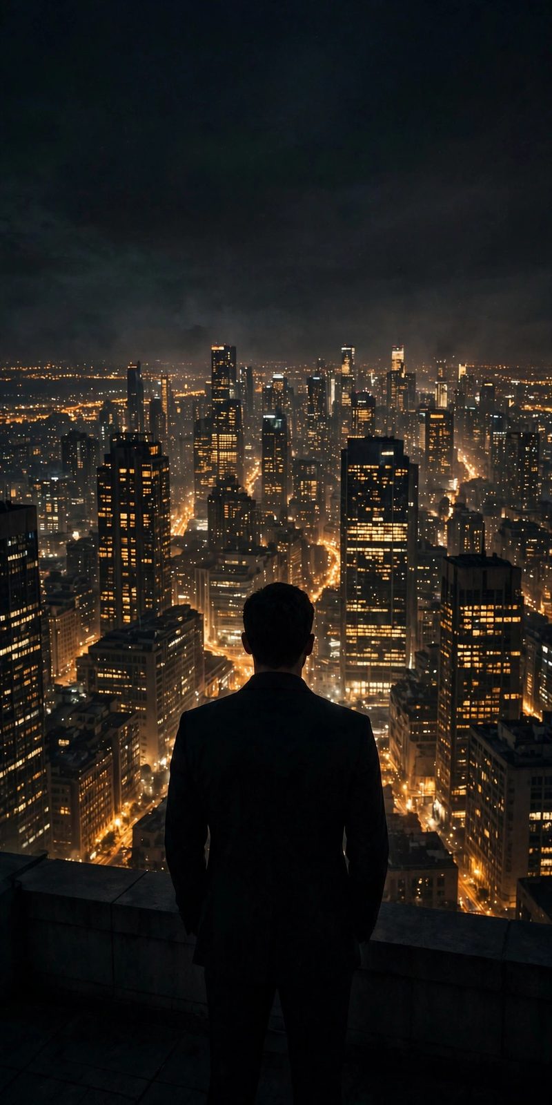 A lone man seen from behind in silhouette overlooking a glowing city skyline at night