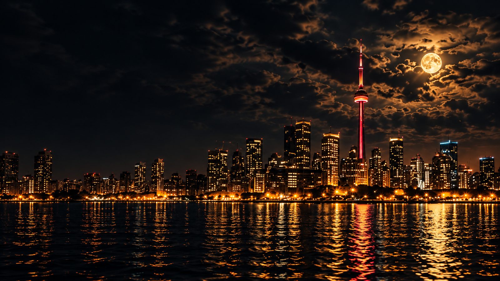 Toronto skyline and the CN Tower under dramatic night clouds