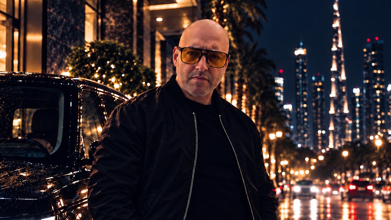 NOTTORO in amber sunglasses and a black bomber on a rain-lit night street