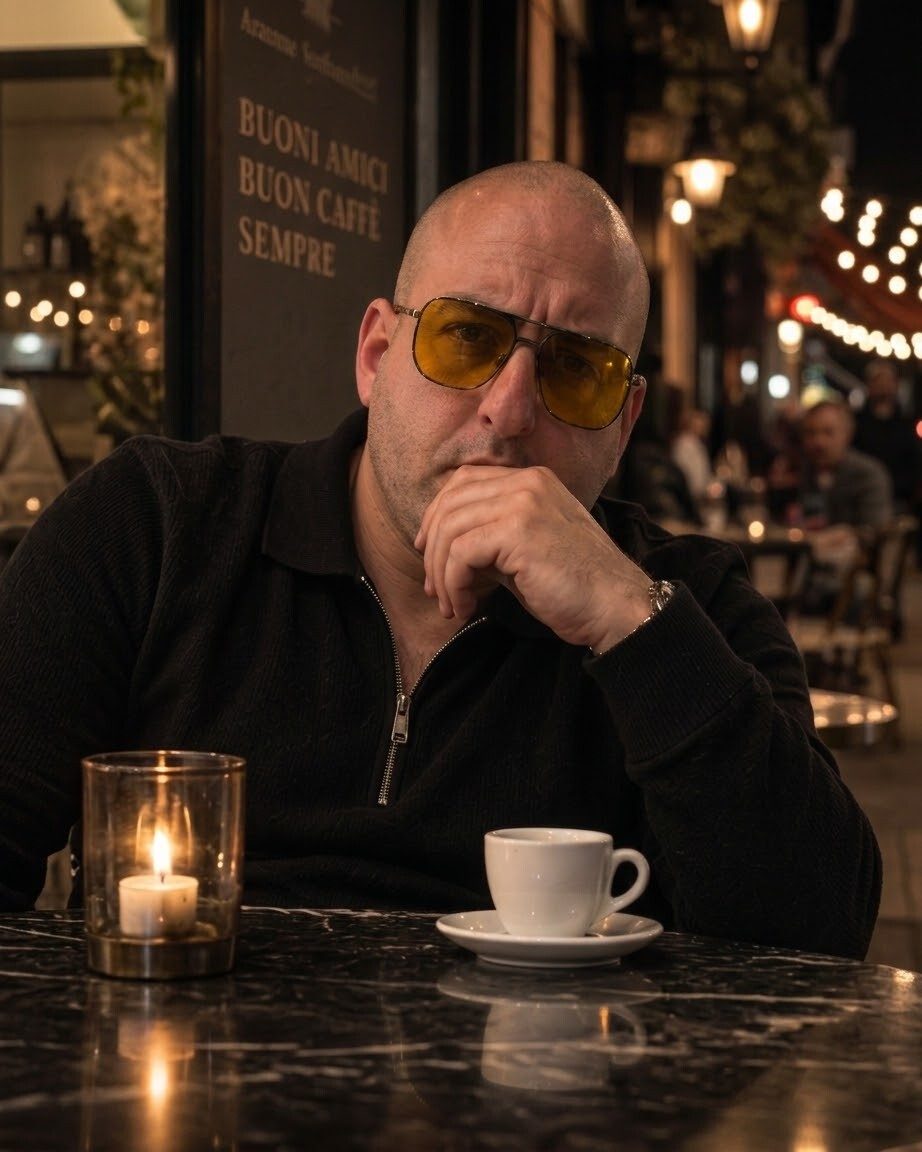 NOTTORO in a black zip sweater at a candlelit café